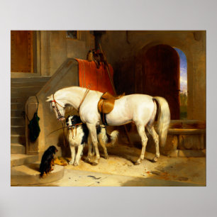 WHITE HORSE WITH DOGS AND FALCONS IN STABLE POSTER