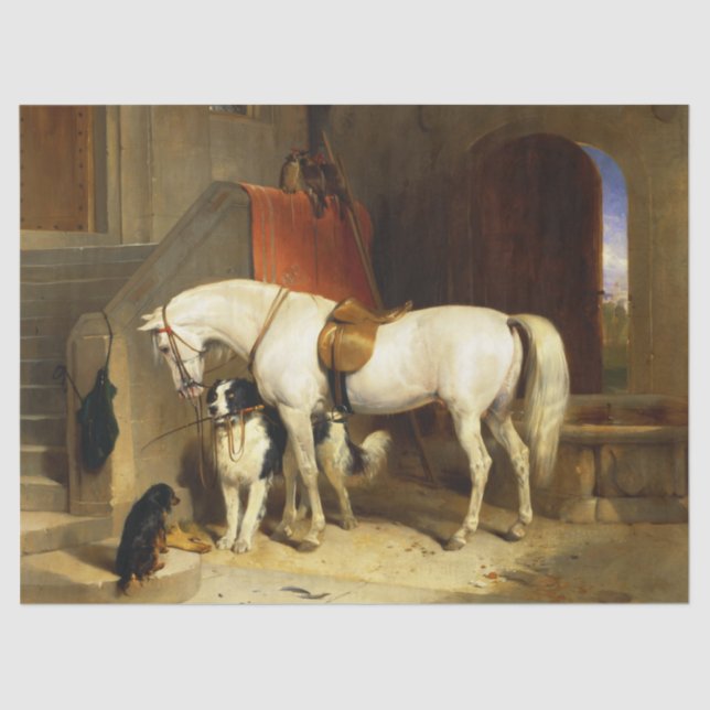 WHITE HORSE WITH DOGS AND FALCONS IN STABLE TISSUE PAPER (Front)