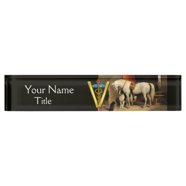 White Horse With Dogs / CADUCEUS VETERINARY SYMBOL Nameplate (Front)