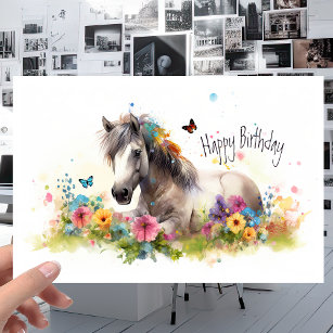 White Horse with Flowers and Butterflies Birthday Card