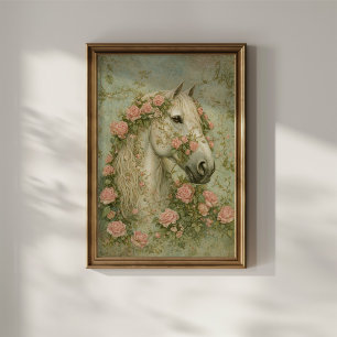 White Horse with Roses Poster