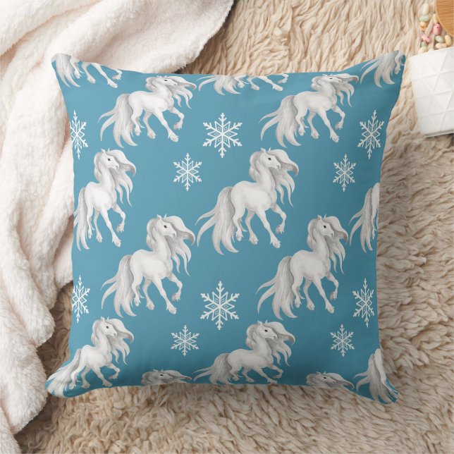 White Horses and Snowflakes Winter Pattern on Blue Cushion (Blanket)
