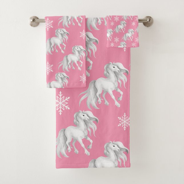 White Horses and Snowflakes Winter Pattern on Pink Bath Towel Set (Insitu)