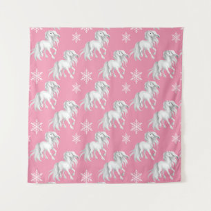 White Horses and Snowflakes Winter Pattern on Pink Tapestry