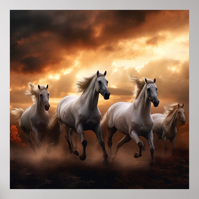 white horses at sunset poster (Front)
