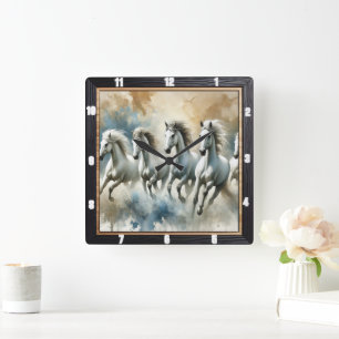 White Horses Modern Square Wall Clock