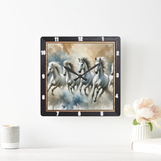 White Horses Modern Square Wall Clock (Home)