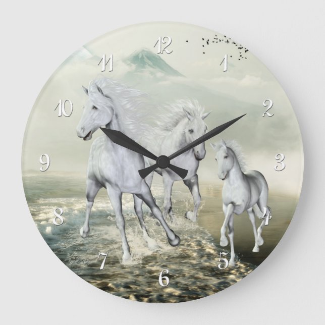 White Horses On The Beach Large Clock (Front)