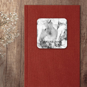 White Horses Personalised Bookplate Square Sticker