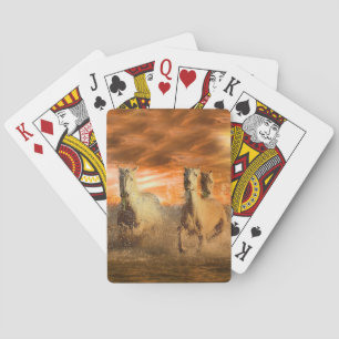 White Horses Running at Beach Sunset Playing Cards