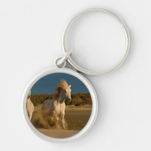 White Horses Running On Beach Camargue, France Key Ring