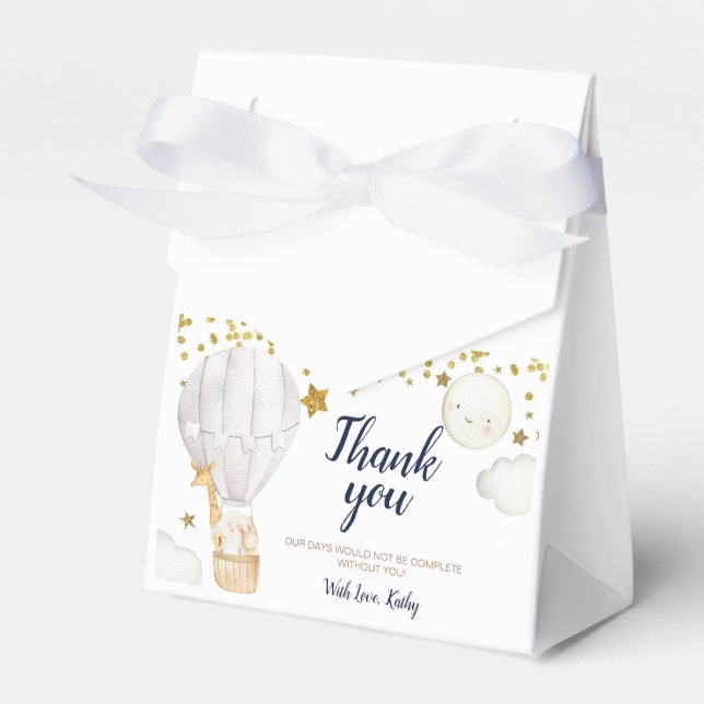 White Hot air balloon baby shower gold glitter Favour Box (Front Side)