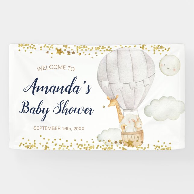 White Hot air Balloon Jungle Baby Shower Welcome Banner (Horizontal)