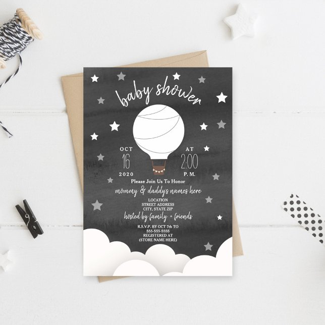 White Hot Air Balloon + Stars Black + White Shower Invitation (Creator Uploaded)