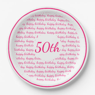 White Hot Pink 50th Happy Birthday Typography Paper Plate