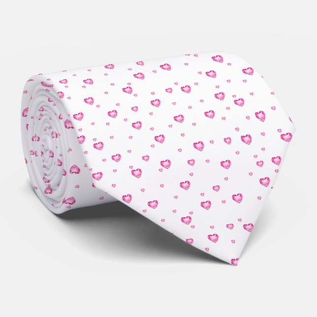 White & Hot Pink Diamonds Hearts Pattern Tie (Rolled)