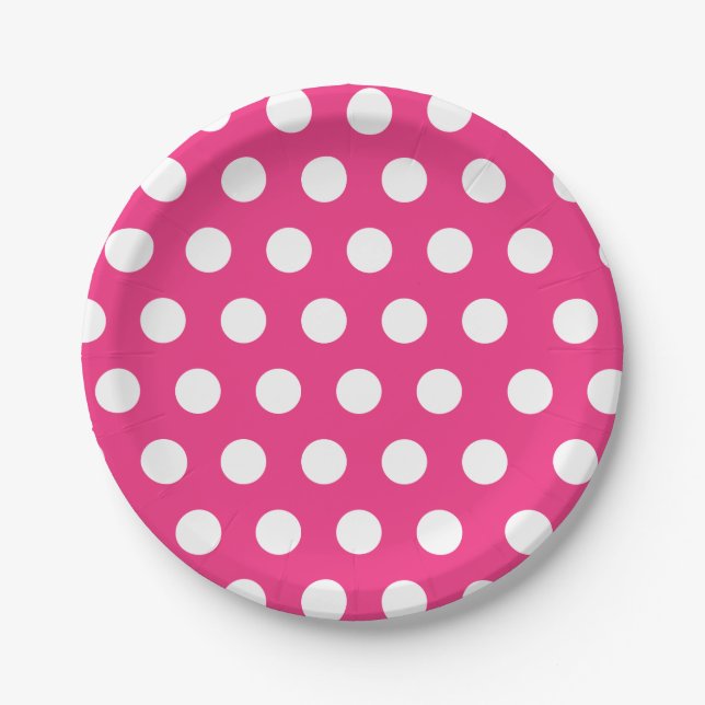 White & Hot Pink Medium Sized Polka Dot Chic Paper Plate (Front)