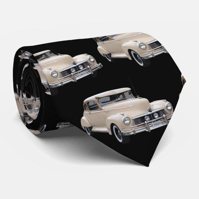 White Hotrod 1940s Car Pattern Tie (Rolled)