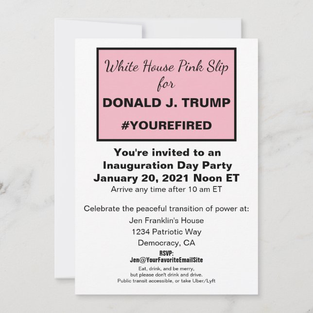 White House Pink Slip Ides of trump Downloadable Invitation (Back)