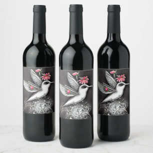 White Hummingbird & Pink Flowers Wine Label