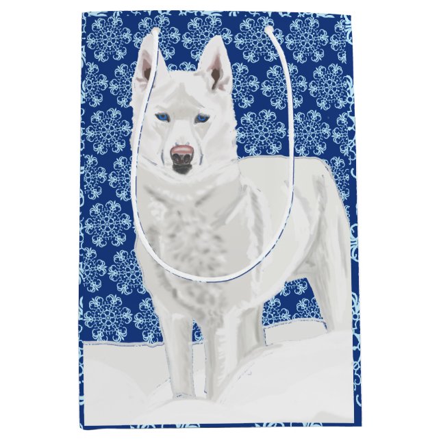 White Husky against Snow Flakes and dark blue sky Medium Gift Bag (Front)