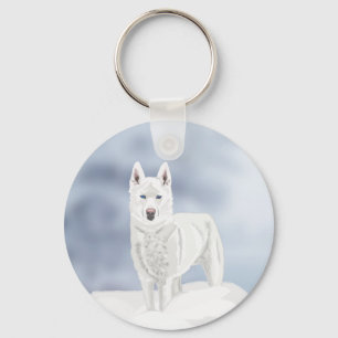 White Husky against Snow Scene Key Ring