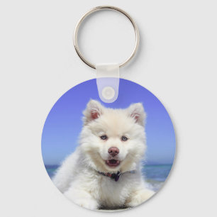 White Husky Puppy with Blue Eyes Key Ring