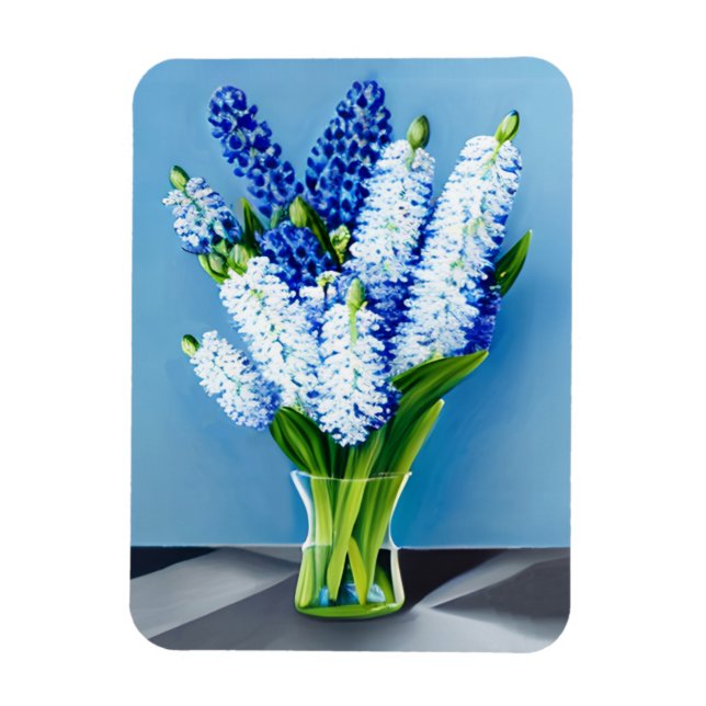 White Hyacinths in a Glass Vase on Blue Magnet (Vertical)