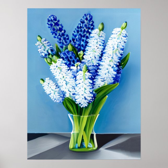 White Hyacinths in a Glass Vase on Blue Poster (Front)