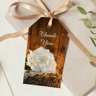White Hydrangea and Barn Wood Wedding Favour Tags