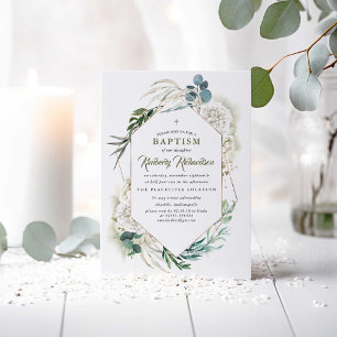 White Hydrangea and Greenery Baptism Invitations