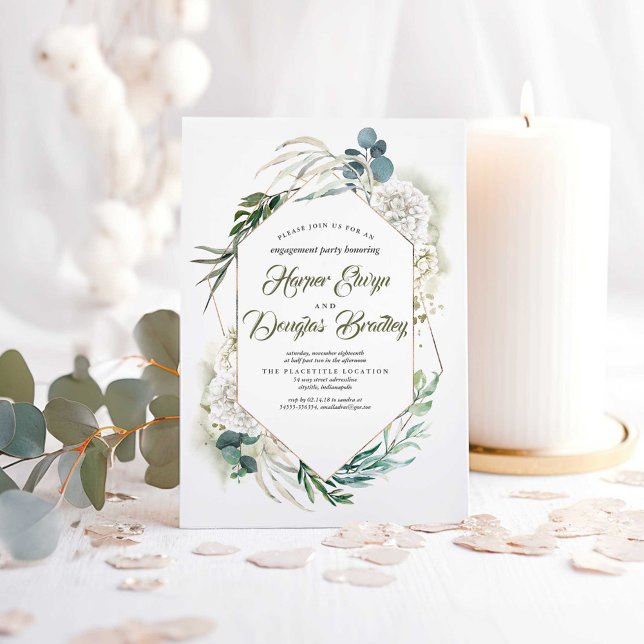 White Hydrangea and Greenery Engagement Party Invitation (Greenery Boho Engagement Party Invitations)