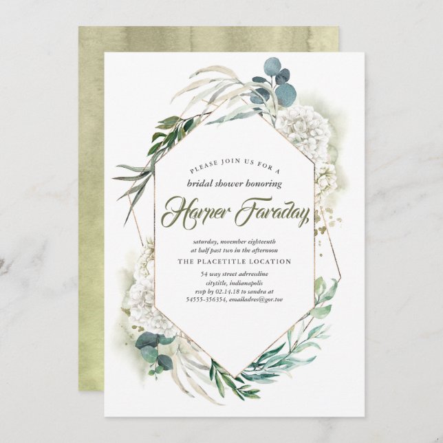 White Hydrangea and Greenery Modern Bridal Shower Invitation (Front/Back)