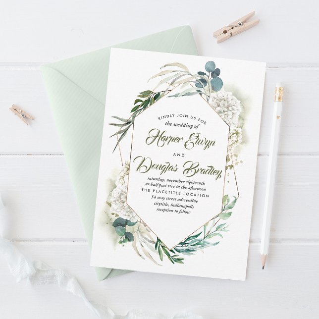 White Hydrangea and Greenery Modern Floral Wedding Invitation (Creator Uploaded)