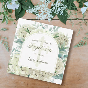 White Hydrangea Arch Baptism Invitation