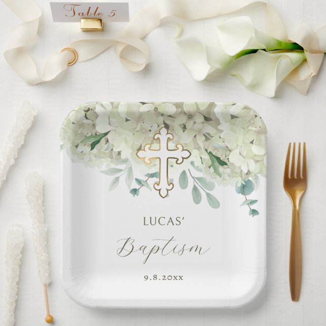 White Hydrangea Baptism Paper Plate (Wedding)