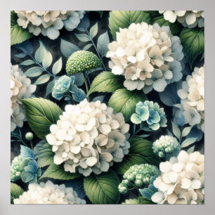 White Hydrangea Botanical Painting Poster