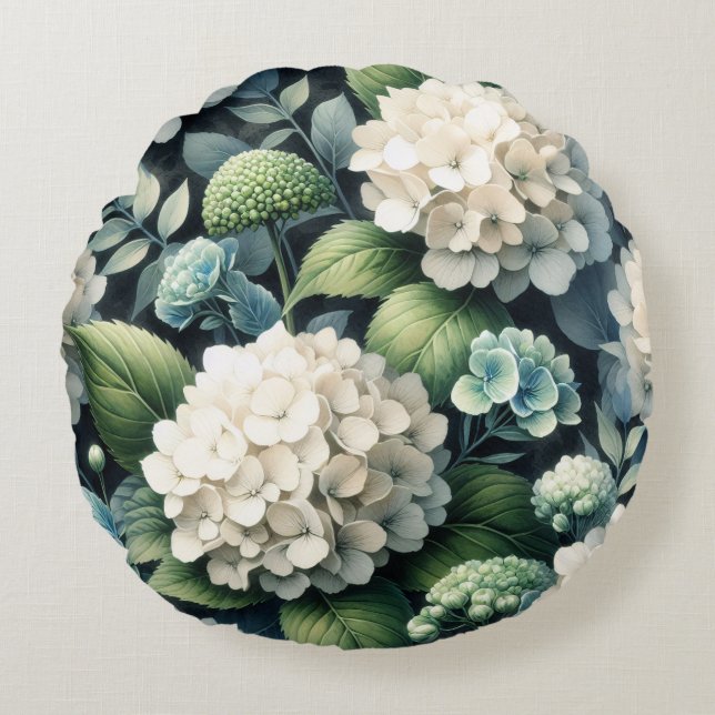 White Hydrangea Botanical Painting Round Cushion (Front)