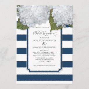 White Hydrangea Bridal Luncheon Navy Blue Stripe Invitation