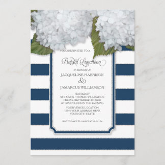 White Hydrangea Bridal Luncheon Navy Blue Stripe Invitation