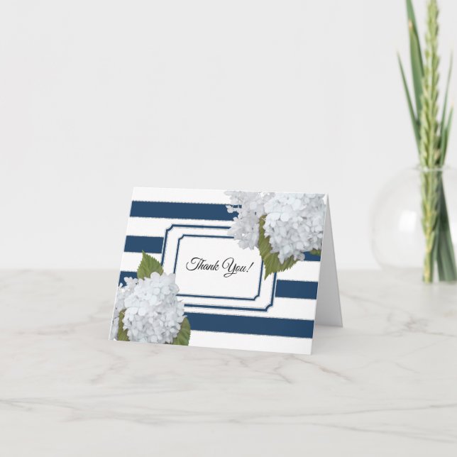 White Hydrangea Bridal Thank You Note Floral Navy Card (Front)