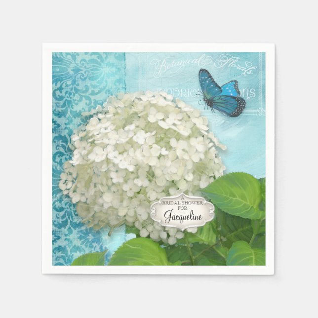 White Hydrangea Butterfly Damask Bridal Shower Napkin (Front)