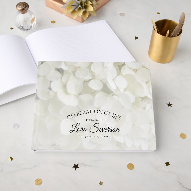 White Hydrangea Celebration of Life Memorial Guest Book (Front Open)