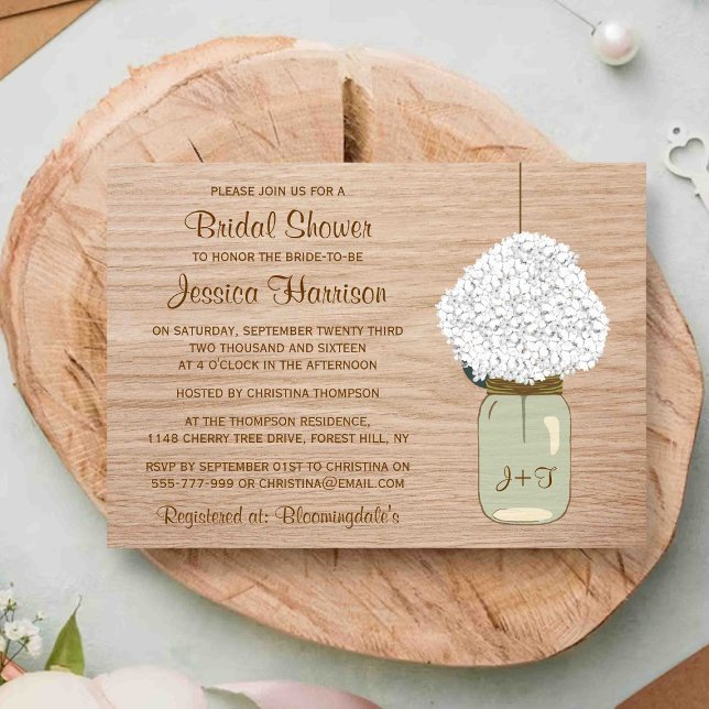White Hydrangea & Country Mason Jar Bridal Shower Invitation (Creator Uploaded)