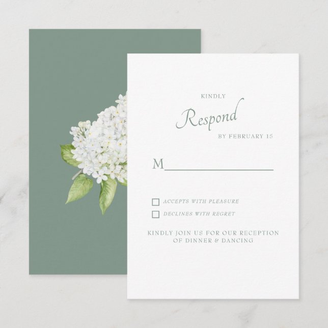 White Hydrangea Dark Sage Wedding RSVP Card (Front/Back)
