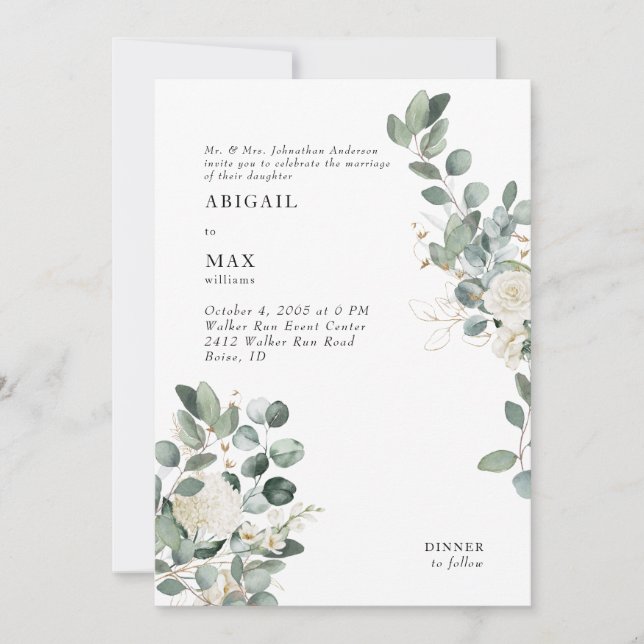 White Hydrangea Eucalyptus White Floral Wedding Invitation (Front)