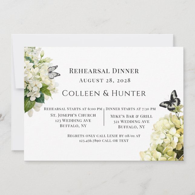 White Hydrangea Floral Butterfly Rehearsal Dinner Invitation (Front)