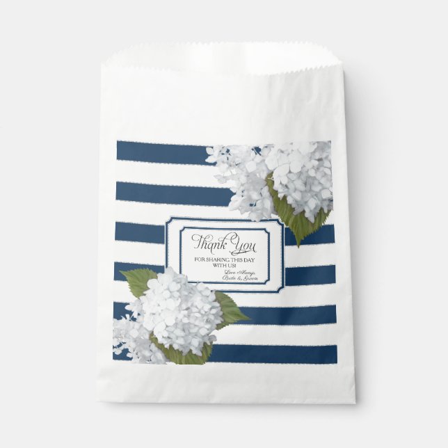 White Hydrangea Floral Garden Navy Blue Thank You Favour Bags (Front)