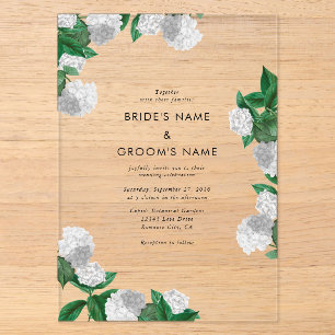 White Hydrangea Floral Greenery Modern Wedding Acrylic Invitations