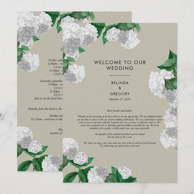 White Hydrangea Floral Greenery Wedding Itinerary  Programme (Front/Back)